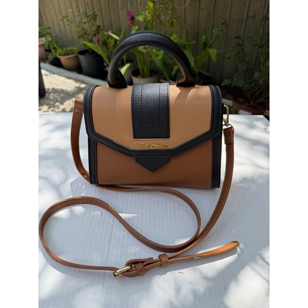 Steve Madden Brown/Black Colorblock Top Handle Satchel Crossbody Strap Small